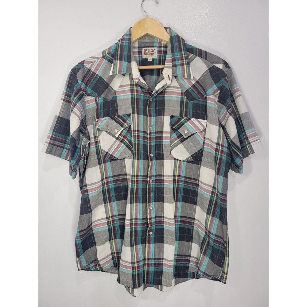 Ely Cattleman Mens XL Western Pearl Snap Shirt Short Sleeve Plaid‎ Teal Gray XL